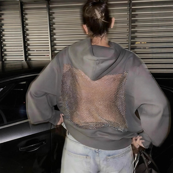 Damen Hoodie mit glitzerndem Mesh-Rückenapplikation Drune