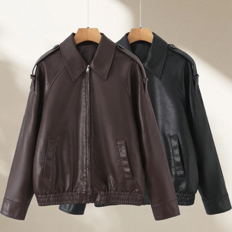 Damen Oversized Lederimitat-Flightjacke mit Bonded-Kragen, Schulterklappen und elastischem Saum Drune