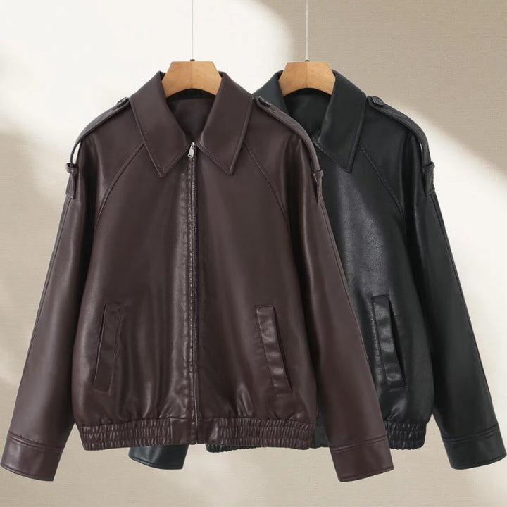 Damen Oversized Lederimitat-Flightjacke mit Bonded-Kragen, Schulterklappen und elastischem Saum Drune