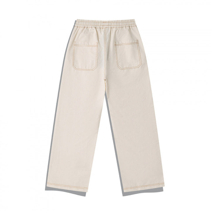 Unisex Weite Denim-Hose mit elastischem Bund, Kordelzug und gesteppter Kniepasse Drune