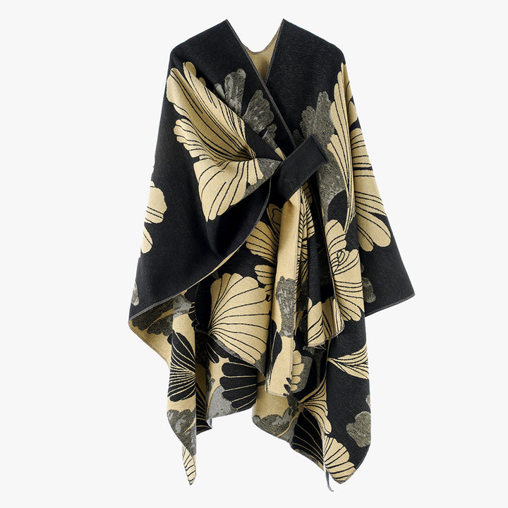 Damen Oversize-Jacquard-Cape aus Wollmix mit floralem Jacquard und Frontschlaufe Drune