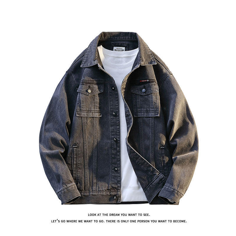 Herren Grobgewaschene Oversize-Jeansjacke mit Brustklapptaschen und durchgehender Knopfleiste Drune