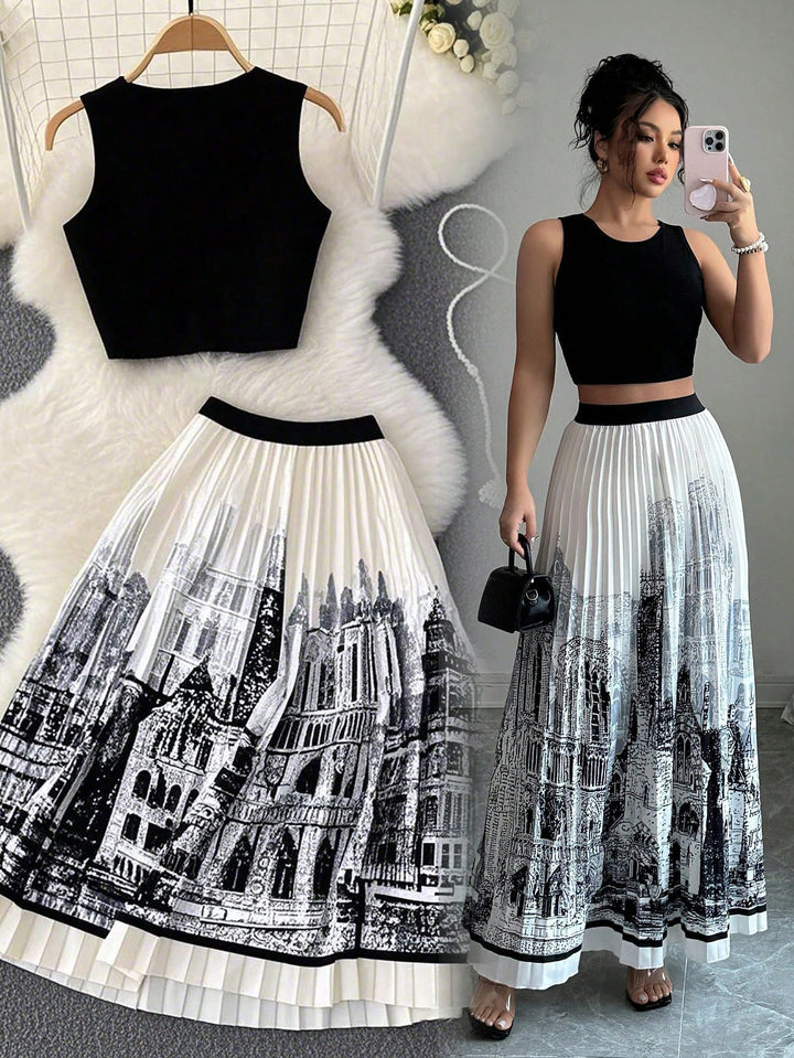 Damen-Set aus ärmellosem Crop-Top und weitschwingendem Maxirock im urbanen Design Drune