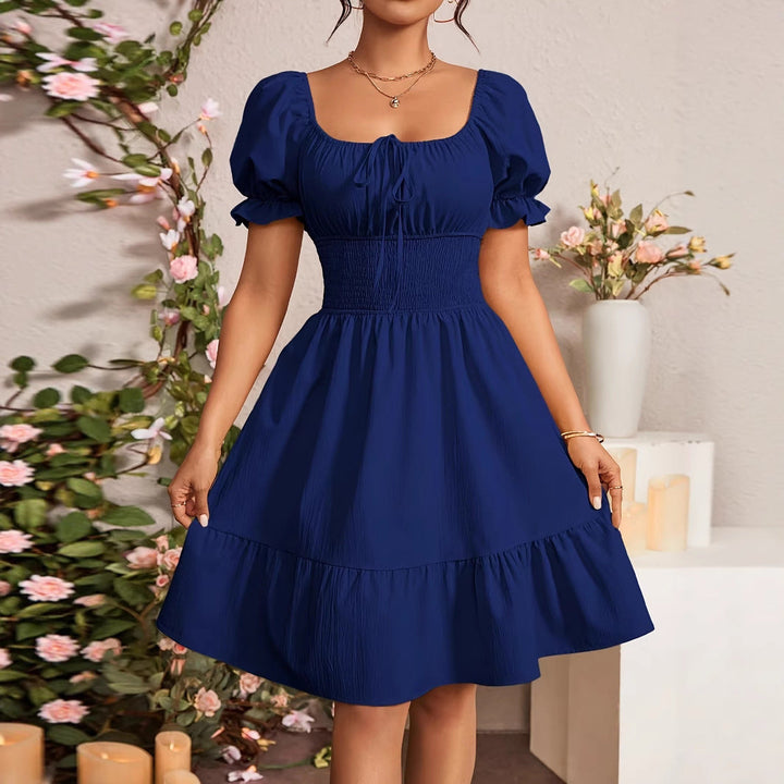 Damen Puffärmel Kleid mit elastischem Tailleneinsatz und Rüschensaum Drune