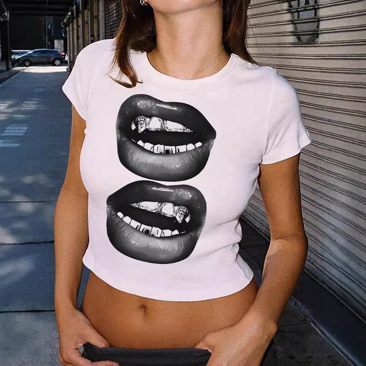 Damen Crop-T-Shirt mit kreativem Telefon-Design Drune