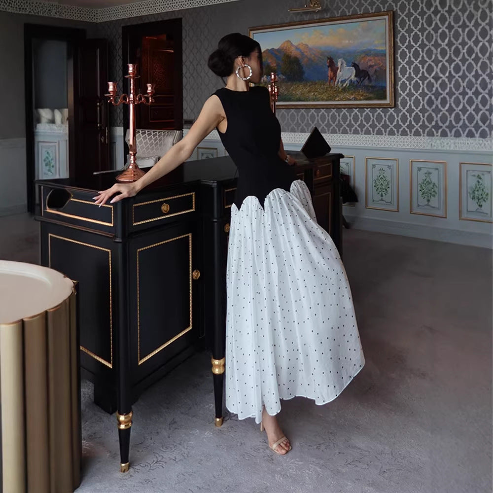 Damen elegantes Maxikleid mit gepunktetem Rockteil und tailliertem Oberteil Drune