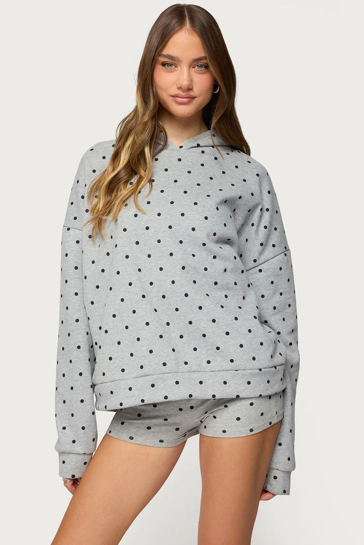Damen nan gepunktetes Komfort-Set mit Kapuzensweatshirt, Kängurutasche und Shorts Drune
