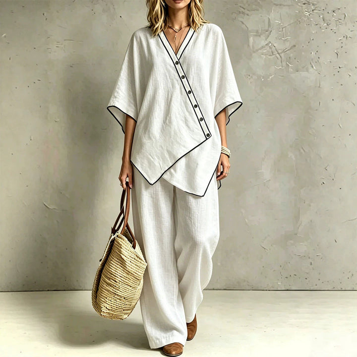 Damen Asymmetrisches Tunika-Loungewear-Set mit diagonaler Knopfleiste und weiter Palazzohose Drune