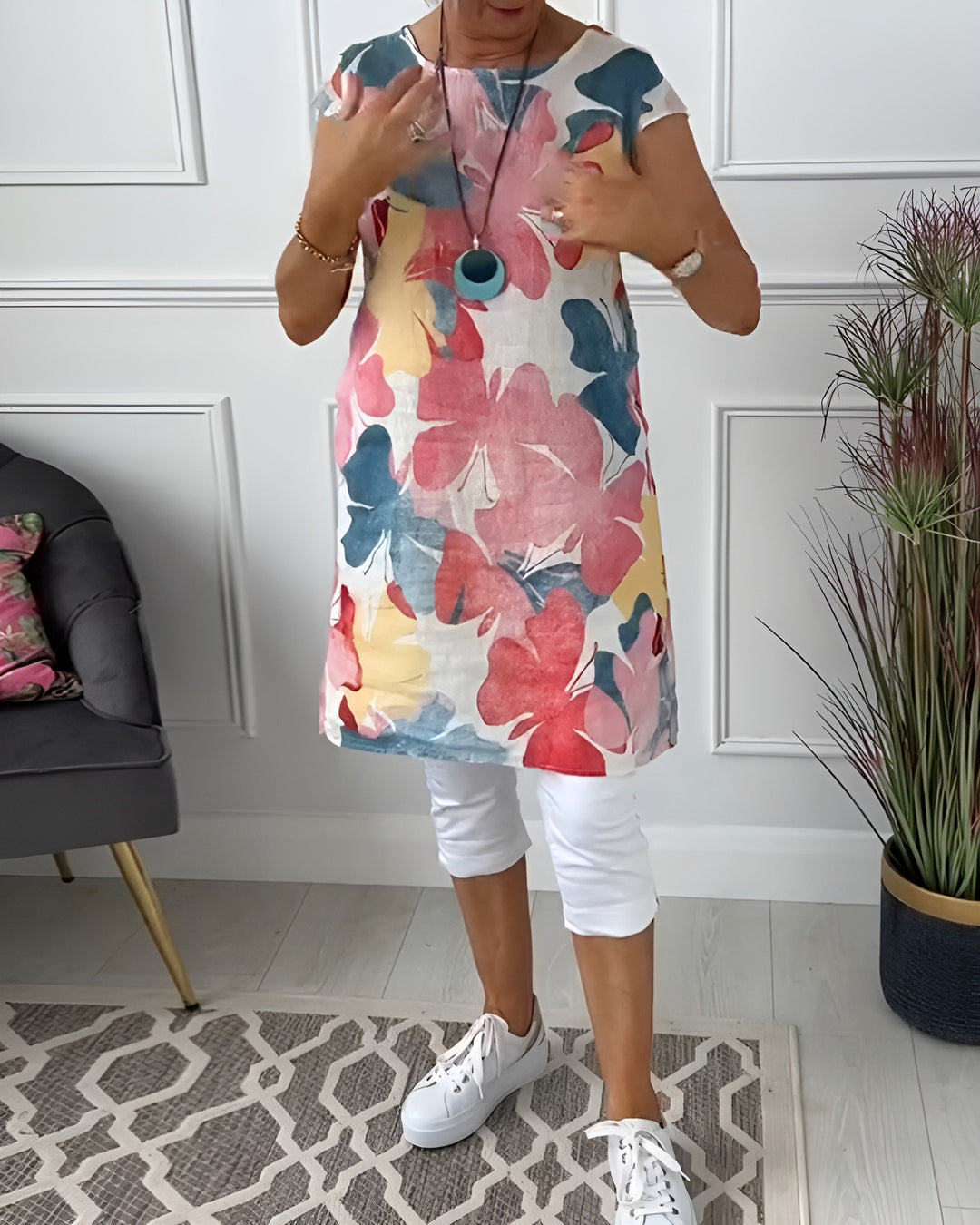 Damen nan luftiges Tunika-Midikleid aus Leinenmix mit Aquarellblütenprint und Seitentaschen Drune
