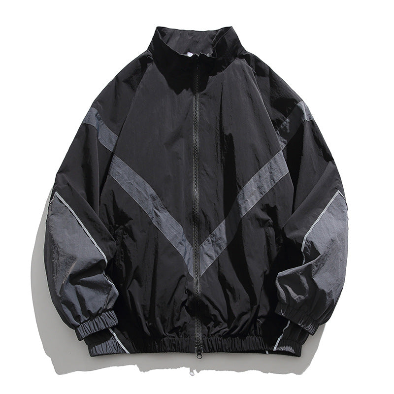 [Unisex] Oversize technische Wind- und Regenjacke mit Stehkragen, reflektierenden Paspeln und elastischem Saum Drune