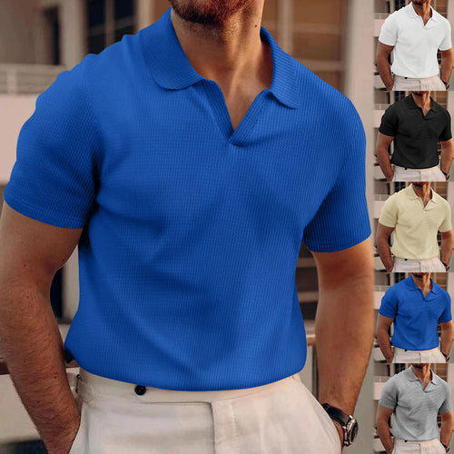 Herren nan leichtes Kurzarm-Polo aus Waffeljersey mit offenem V-Ausschnitt und Hemdkragen Drune