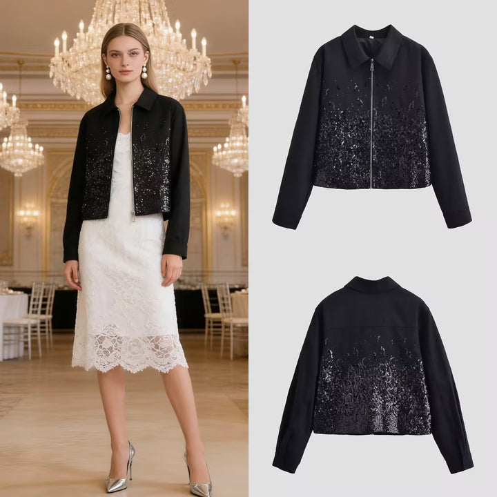 Damen Kurzjacke mit durchgehendem Reißverschluss und Degradé-Paillettenbesatz Drune