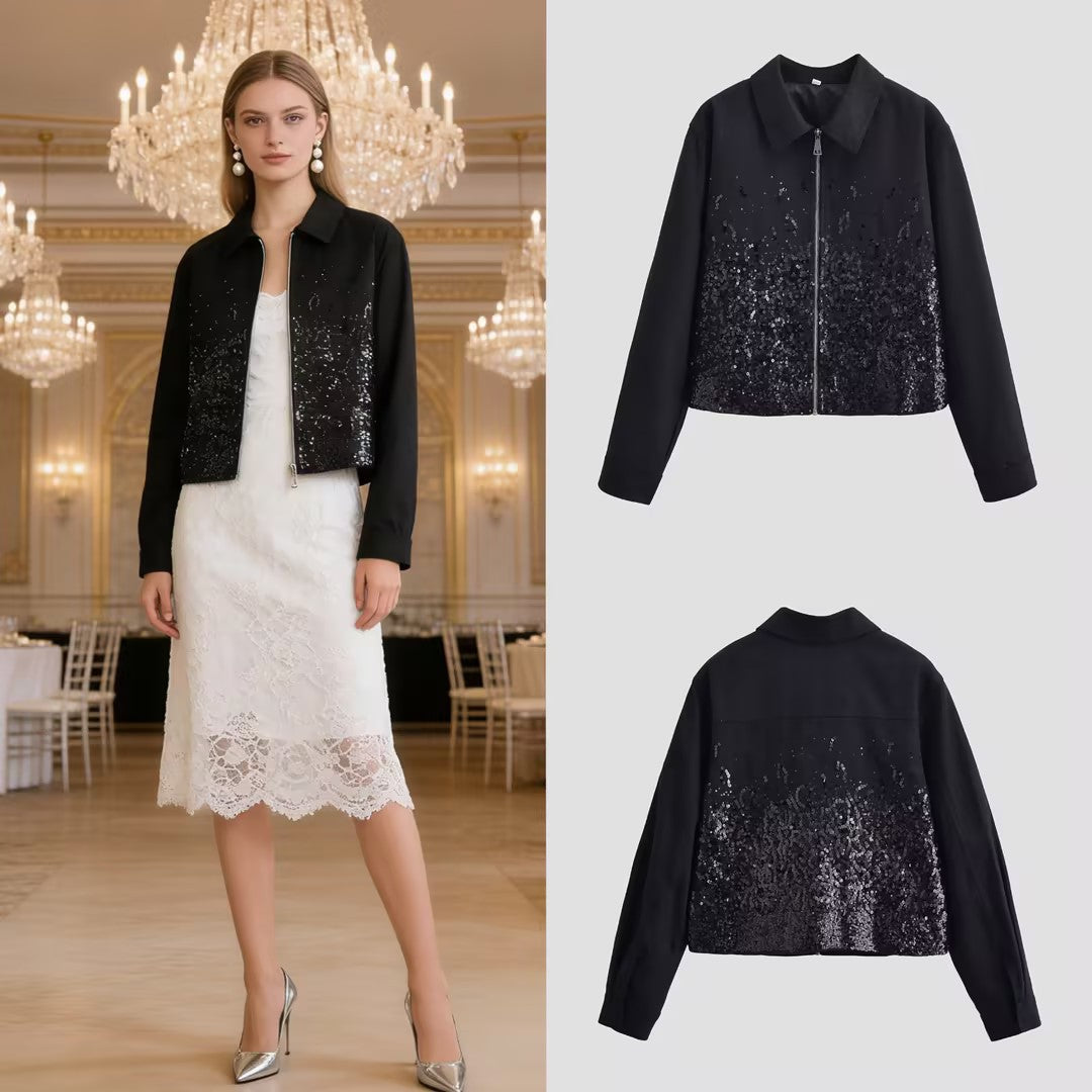 Damen Kurzjacke mit durchgehendem Reißverschluss und Paillettenfront Drune