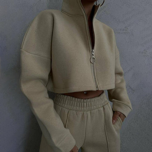 Damen nan kurzes Reißverschluss-Crop-Sweatshirt mit Stehkragen und hochtaillierter Jogginghose Set Drune