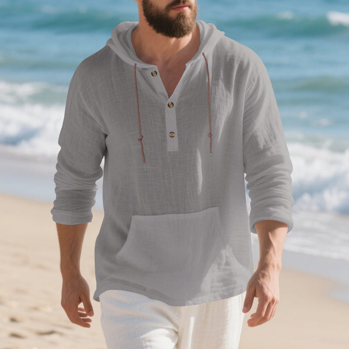 Herren lässiges Kapuzenshirt mit Knopfleiste und praktischer Kängurutasche Drune