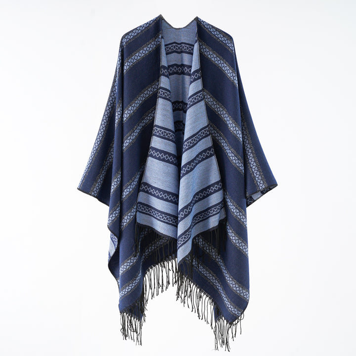 Damen Wollmix-Wickelponcho im Jacquardstreifen mit Fransen Drune