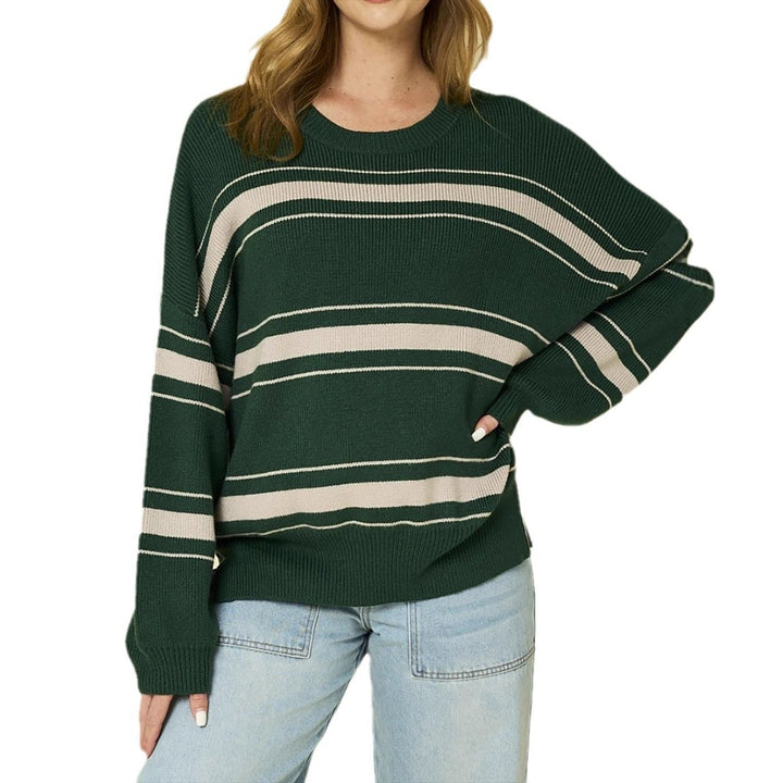 Damen lässiger Strickpullover mit übergroßen Ärmeln und modernen Streifen Drune