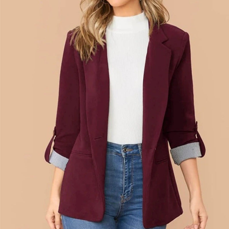 Damen schmal geschnittener Blazer mit Dreiviertelärmeln und umgeschlagenen Manschetten Drune
