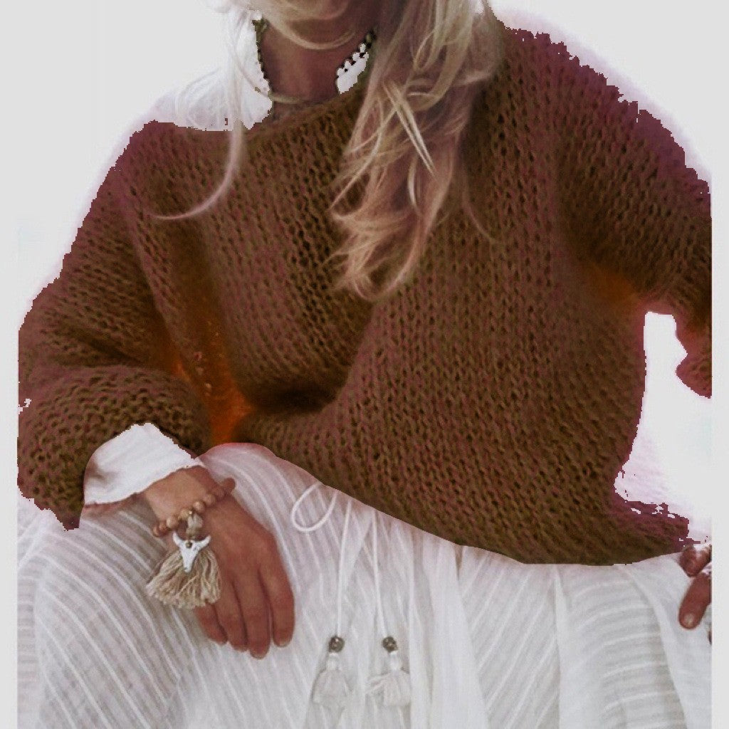 Damen Kurzgeschnitteter flauschiger Grobstrickpullover mit überschnittener Schulter Drune