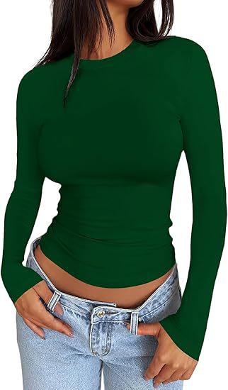 Damen Körpernahes Langarmshirt im Cropped-Look mit verlängerten Ärmeln und Daumenloch Drune