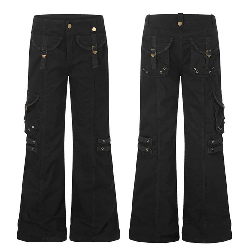Damen weite High‑Waist Cargo‑Hose mit Utility‑Taschen und Gurt‑Details Drune