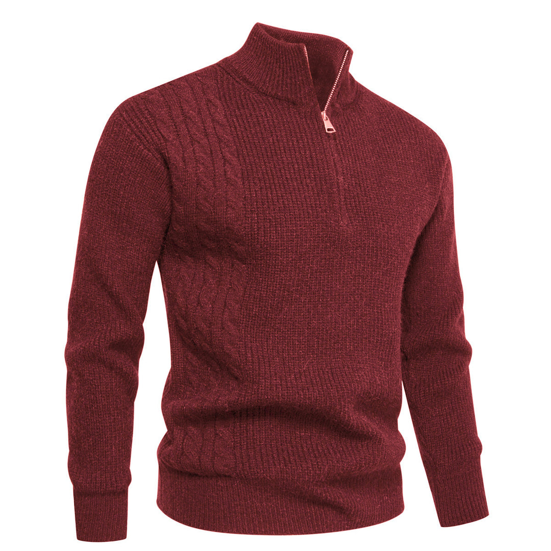 Herren Feinstrick-Halbzip-Pullover mit Stehkragen, Rippstruktur und Schulter-Zopfdetail Drune