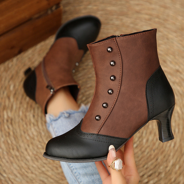 Damen Vintage Stiefelette mit Brogue-Spitze, seitlichem Reißverschluss und mittelhohem Absatz Drune