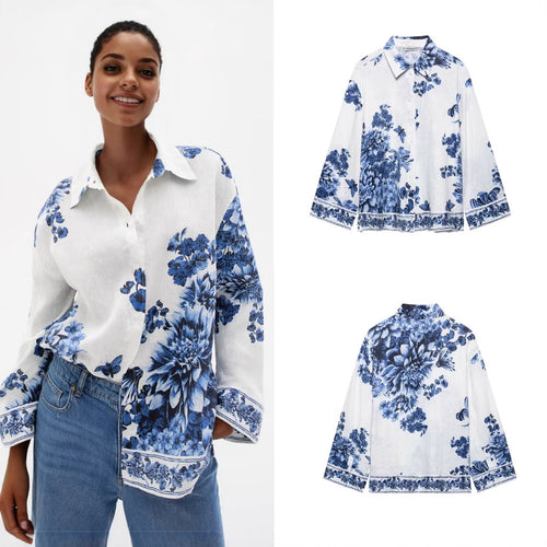 Damen Lockeres Hemd mit floralem Alloverprint und durchgehender Knopfleiste Drune