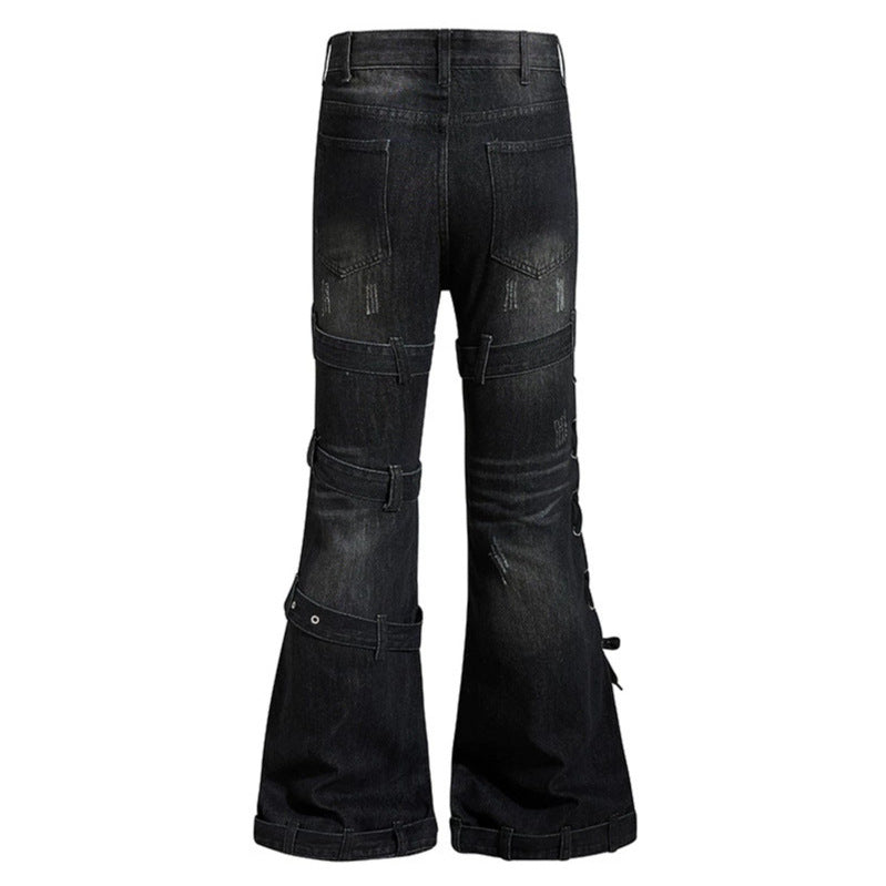 Damen Bondage-Flared-Jeans mit dekorativen Schnallen, Riemen und Used-Look Drune