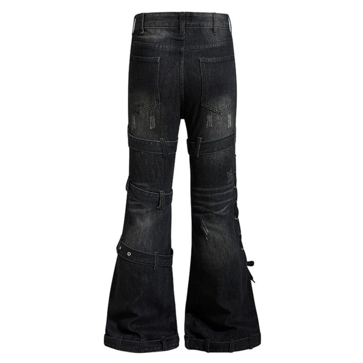 Damen Bondage-Flared-Jeans mit dekorativen Schnallen, Riemen und Used-Look Drune