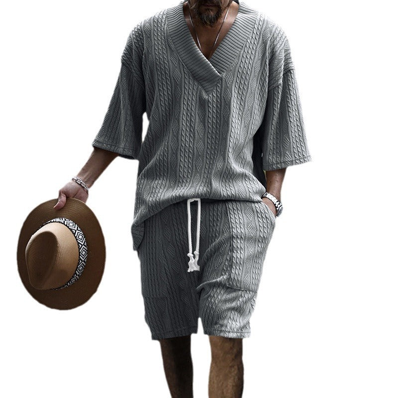 Herren nan lässiges Struktur-Strick-Set mit tiefem V-Ausschnitt kastigem Kurzarmpullover und Kordel-Shorts Drune