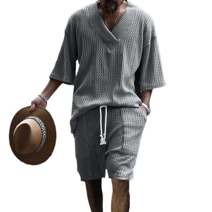 Herren nan lässiges Struktur-Strick-Set mit tiefem V-Ausschnitt kastigem Kurzarmpullover und Kordel-Shorts Drune