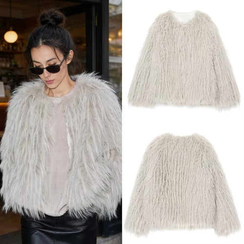 Damen Faux-Fur-Pelzjacke mit langem Shaggy-Fell und Rundhalsausschnitt Drune