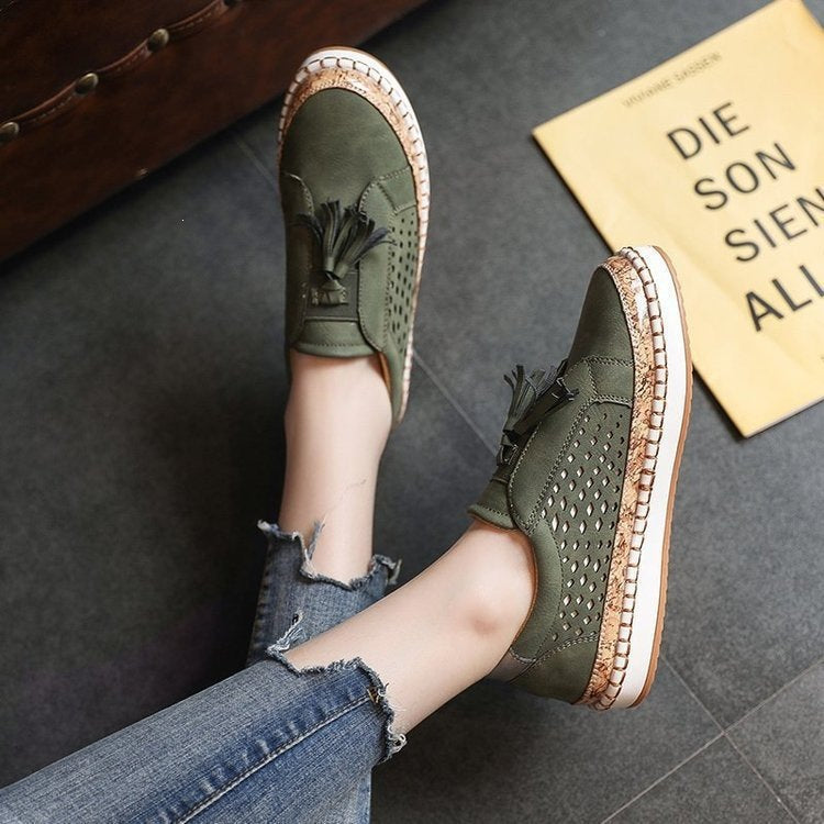 Damen Slip-On Espadrille-Loafer mit Quasten, perforiertem Obermaterial und Kork-Plateau Drune