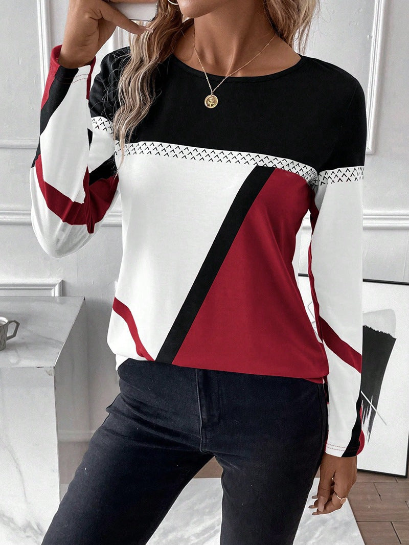 Damen Langarmshirt mit geometrischem Blockprint und Rundhalsausschnitt Drune
