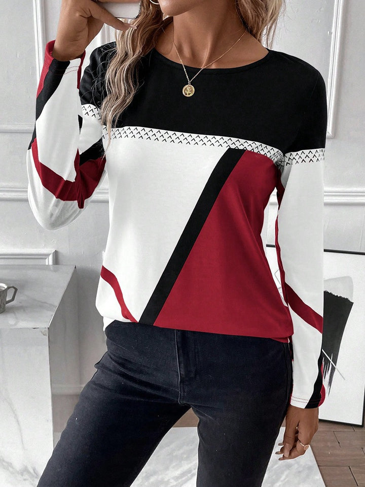 Damen Langarmshirt mit geometrischem Blockprint und Rundhalsausschnitt Drune