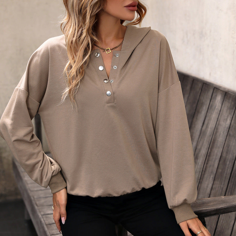 Damen Kapuzen-Henley-Pullover mit Druckknopfleiste, überschnittener Schulter und geripptem Saum Drune
