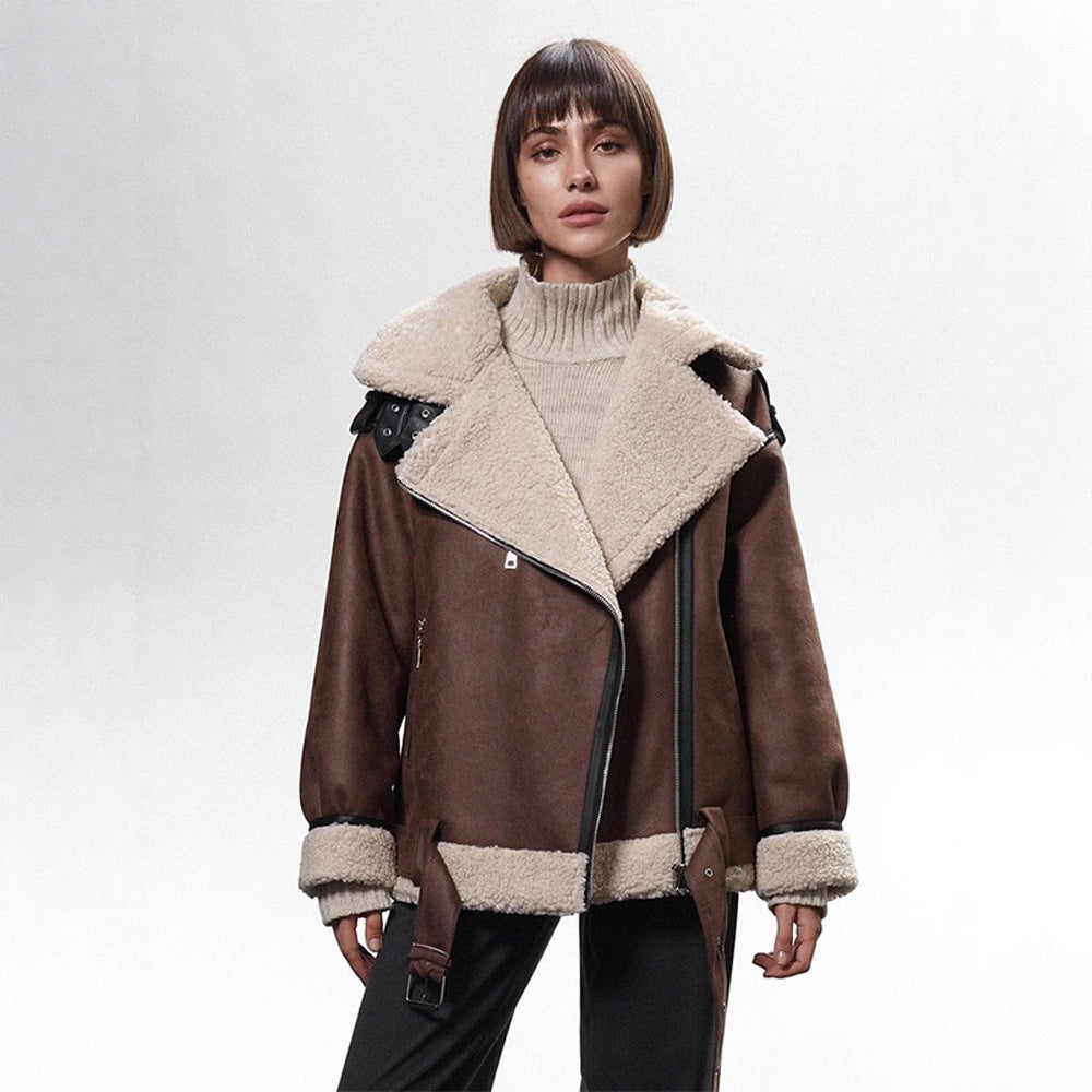 Damen Oversized Bikerjacke mit Teddyfell-Futter und verstellbaren Gürteln Drune