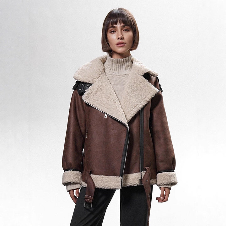 Damen Oversized Bikerjacke mit Teddyfell-Futter und verstellbaren Gürteln Drune