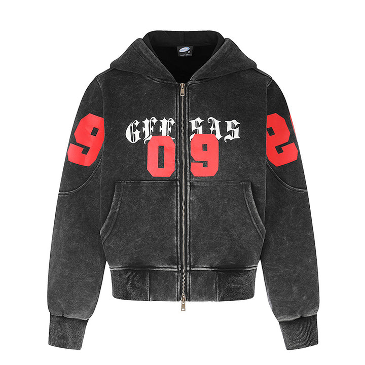 Damen Kurz geschnittene Vintage-Wasch Kapuzen‑Zipjacke mit Gothic‑Print und Nummernprint Drune