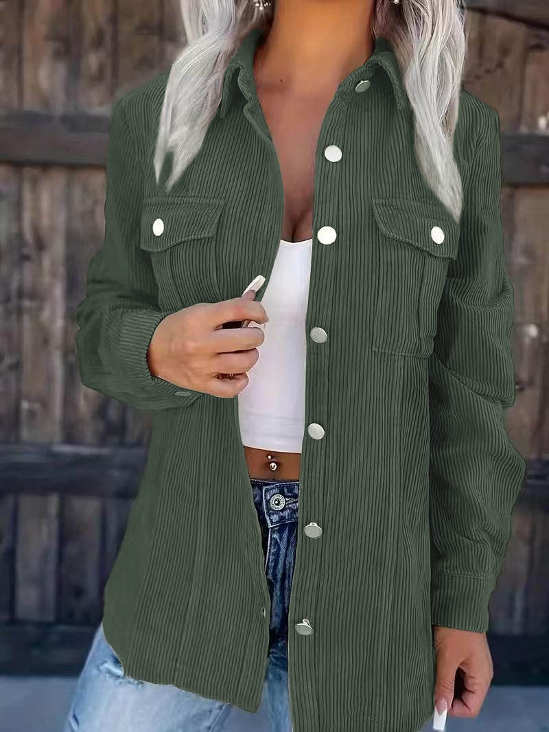 Damen Longline-Cordhemdjacke mit Brustklappen und Druckknopfleiste Drune