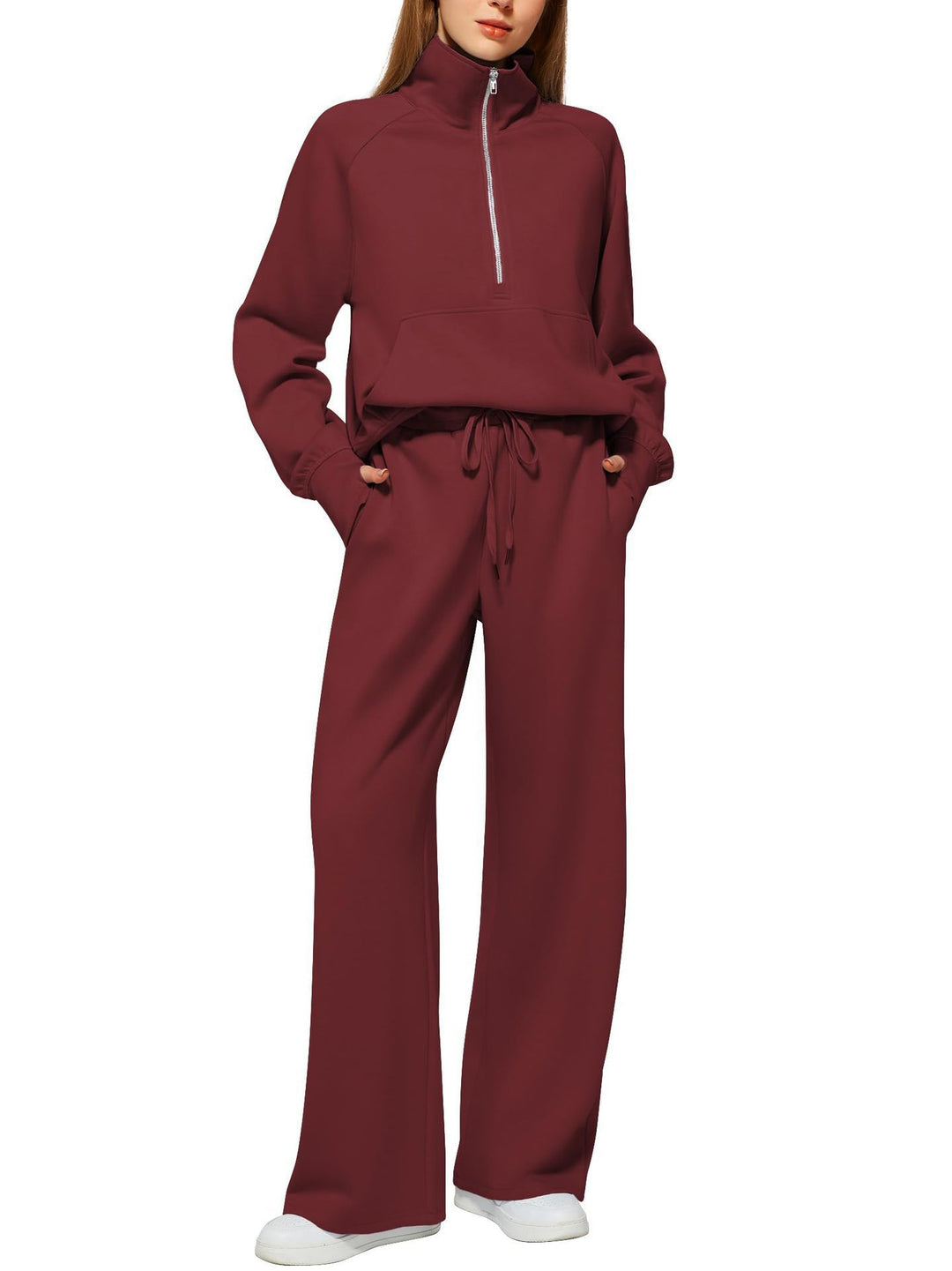 Damen nan halbzip Lounge-Set mit hohem Stehkragen, Kängurutasche und weiten Highwaist-Jogginghose Drune