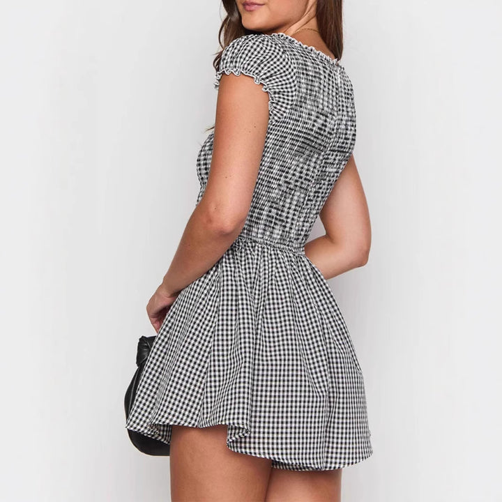 Damen Eingekräuseltes Kurzkleid mit V-Ausschnitt und Rüschendetails Drune