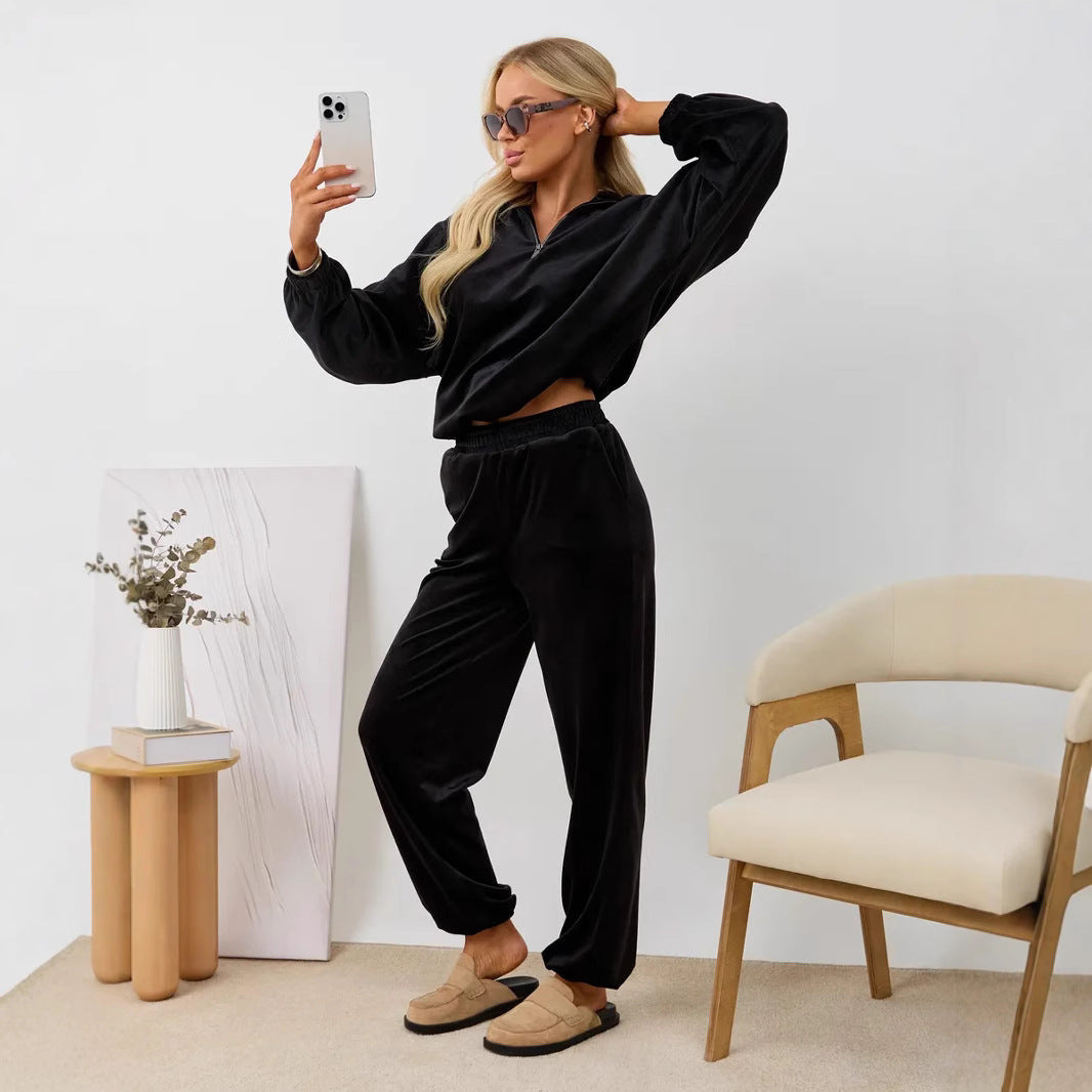 Damen samtiges zweiteiliges Lounge-Set mit Kapuzen-Halbzip und elastischer Bundhose Drune