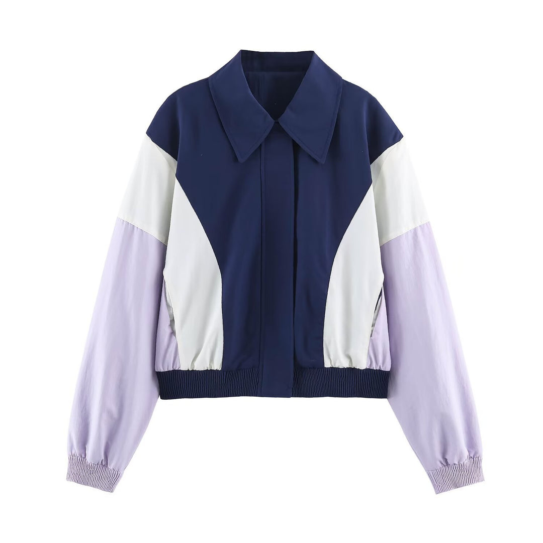 Damen Cropped Colorblock-Bomberjacke mit übergroßem Hemdkragen und elastischem Saum Drune