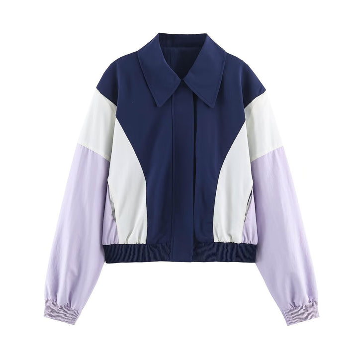 Damen Cropped Colorblock-Bomberjacke mit übergroßem Hemdkragen und elastischem Saum Drune