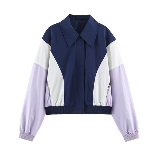 Damen Cropped Colorblock-Bomberjacke mit übergroßem Hemdkragen und elastischem Saum Drune