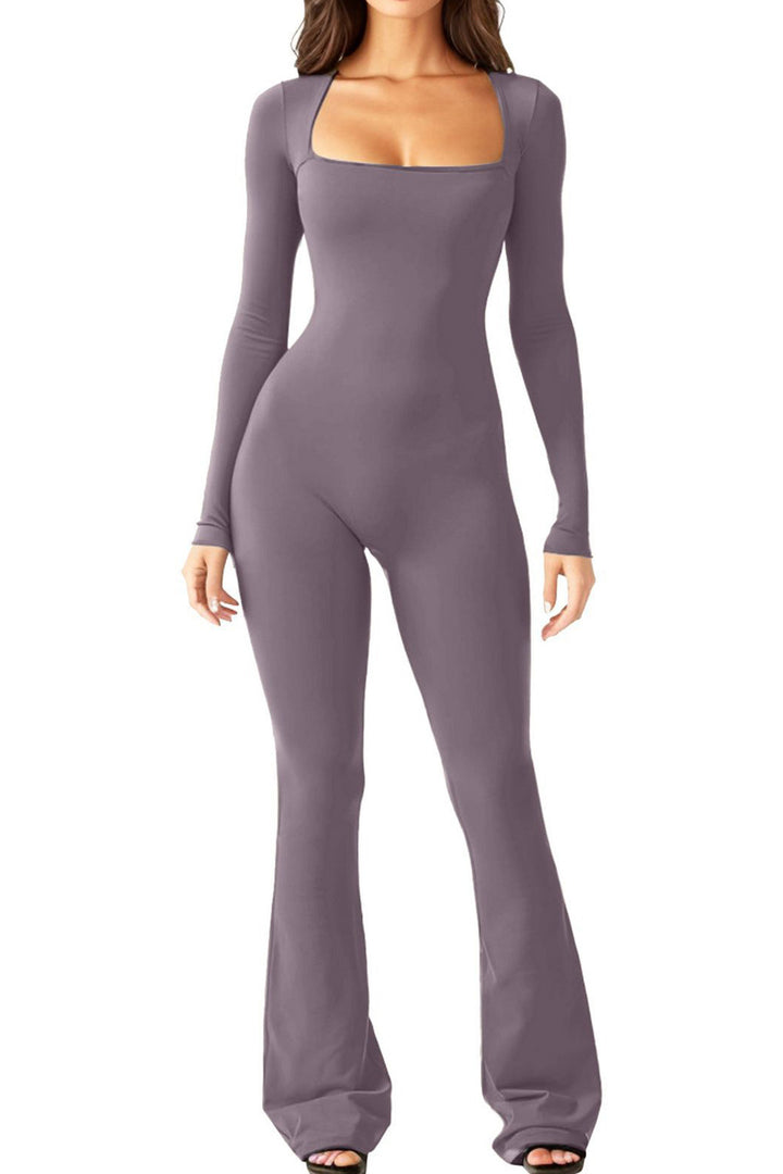 Damen nan figurbetonter Langarm-Jumpsuit mit quadratischem Ausschnitt und ausgestellter Schlaghose Drune
