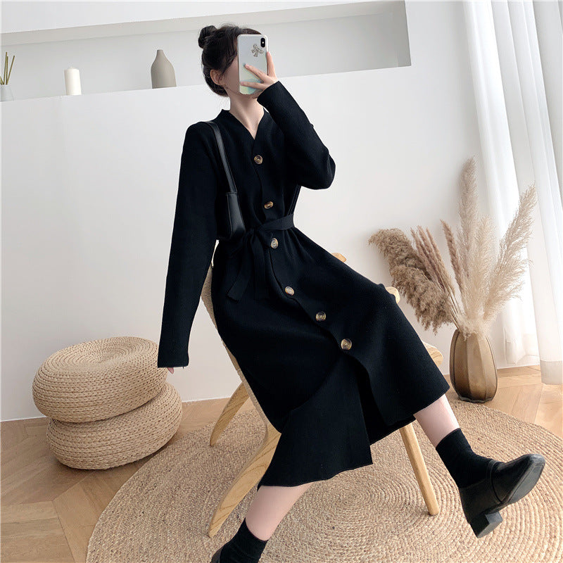 Damen Knielanges Strickkleid mit Knöpfen und Gürtel Drune