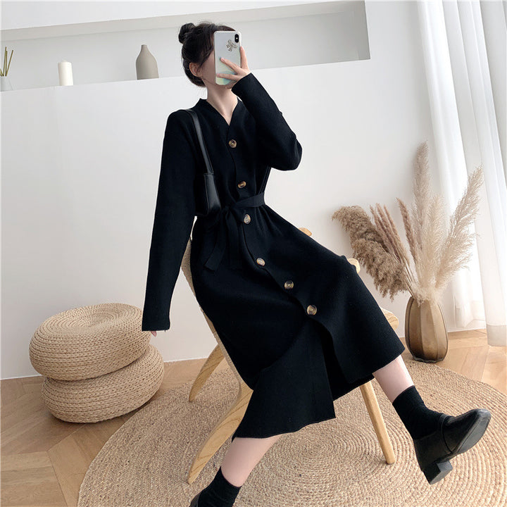 Damen Knielanges Strickkleid mit Knöpfen und Gürtel Drune